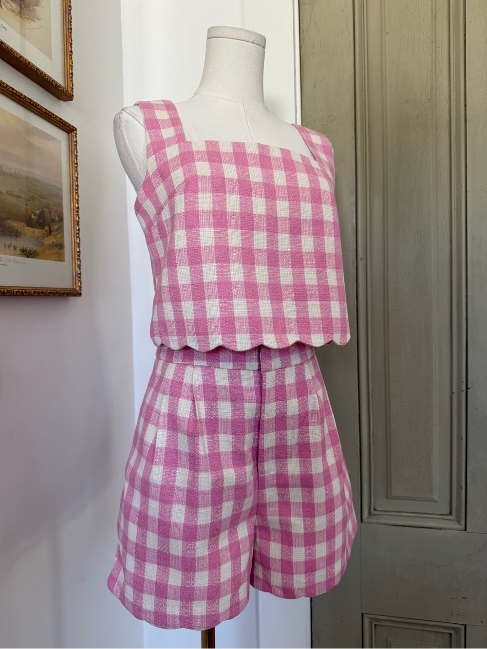 NWT Commense Pink Gingham Two-Piece Crop Top & Shorts Set - Picture 3 of 7